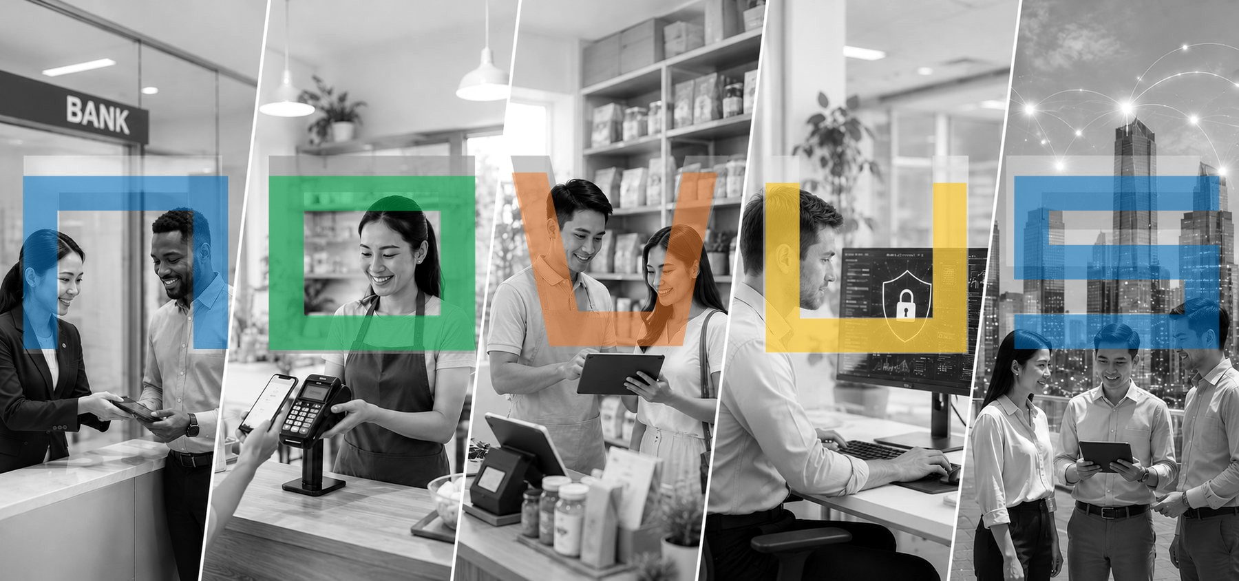Novus teams at work across a bank branch, a café payment, a retail counter, a security desk and a regional operations floor
